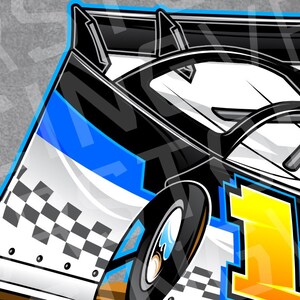 May include: A black and white race car with a blue stripe and a checkered flag design. The car has a large number "1" on the side.