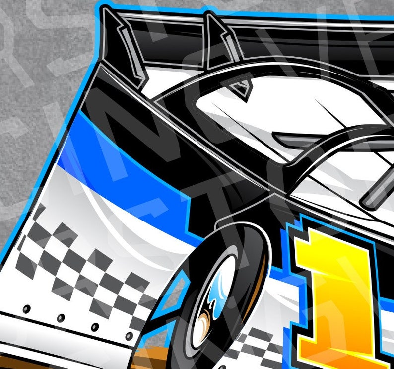 May include: A black and white race car with a blue stripe and a checkered flag design. The car has a large number "1" on the side.