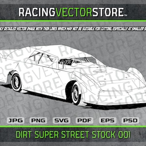 Pode incluir: Ilustração de arte de linha em preto e branco de um carro de corrida de terra. O carro é do estilo street stock com uma extremidade dianteira arredondada e uma grande asa traseira. O carro é etiquetado como "Dirt Super Street Stock 001".