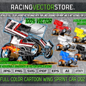 Cartoon wing sprint car race car highly detailed FULL COLOR clip art vector image in .svg .ai .pdf .eps .png .jpg .affinity