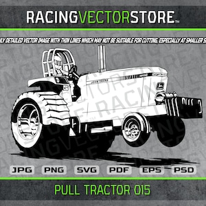 May include: Black and white line art illustration of a John Deere 4450 pull tractor. The tractor is depicted in a racing pose with the front wheels off the ground. The text "PULL TRACTOR 015" is at the bottom of the image.