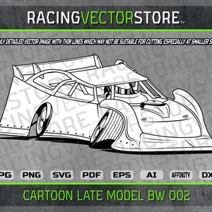 Cartoon dirt late model race car highly detailed vector image in .svg .ai .pdf .eps .png .jpg .dxf .affinity