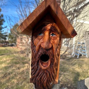 May include: A handcrafted wooden birdhouse carved to resemble an old man's face with a long beard and open mouth. The birdhouse has a triangular roof and is mounted on a wooden post. The man's eyes are blue.