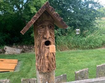Hand Carved Tree Spirit Wizard Birdhouse - Rustic Wood Bali Garden Art, Hanging, 8.5 Inch