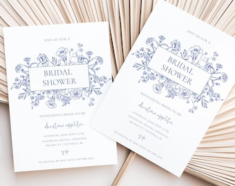 Modèle d'invitation de douche nuptiale de fleur botanique bleue d'EMY | Invitation nuptiale florale bleue de brunch | Imprimable et modifiable | Téléchargement numérique