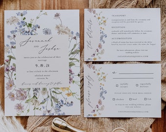 MILLIA Wildflower Wedding Invitation Suite Template | Editable Boho Wedding Invitations | Floral Wedding Invite | Printable Wedding Invite