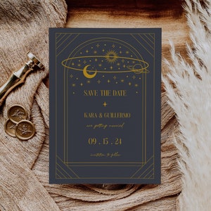 LIA Celestial Save The Date Template | Moon and Stars Invitation | Blue and Gold Save The Date Invite | Editable Mystical Save The Date