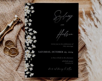 ARIA Black Floral Wedding Invitation Template | Black and White Wedding Invitation | Boho Wildflower Minimalist Printable Template