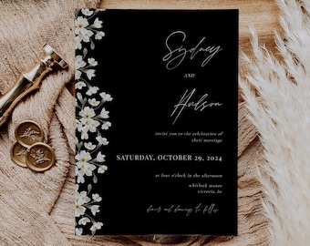 ARIA Black Floral Wedding Invitation Template | Black and White Wedding Invitation | Boho Wildflower Minimalist Printable Template