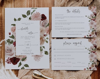 ALMA Fall Flower Wedding Invitation Suite | Burgundy Autumn Wedding Invitation Set Template | Editable Rustic Floral Wedding Invitation