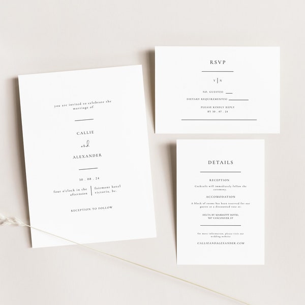 KARA Minimalist Wedding Invitation Suite | Editable Classic Wedding Invite Template | Printable Modern Wedding Invitation Set | Instant