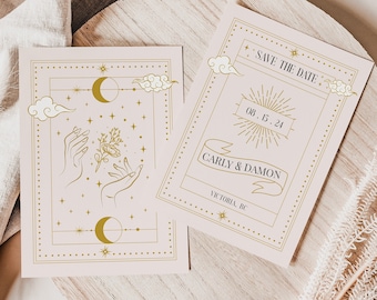 Tarotkaart Bewaar de datumsjabloon voor bruiloftsuitnodigingen | Hemelse heksen Bewaar de datum | Boho Save The Date uitnodigen | Bewerkbaar Bewaar de datum