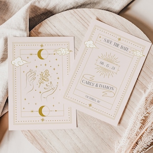 Plantilla de invitación de boda con diseño de carta del tarot para guardar la fecha / Diseño de invitación con diseño de bruja celestial para guardar la fecha / Diseño de invitación con diseño boho para guardar la fecha / Diseño editable para guardar la fecha