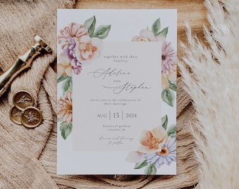 LUCIA Floral Wedding Invitation Template | Watercolor Flower Wedding Invite | Boho Printable Invitation | Editable Template | Download