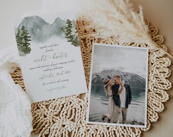 EVERGREEN Forest Wedding Invitation | Front and back Invitations | Photo Wedding Template | Mountain Wedding Invitations | Editable & Print