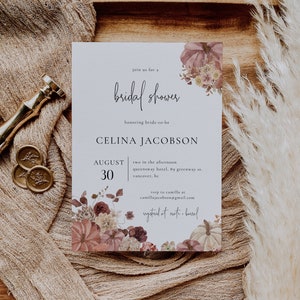 Fall Bridal Shower Invitation Template | Boho Pumpkins and Leaves Bridal Brunch Invite | Floral Bridal Shower Invite | Editable Template