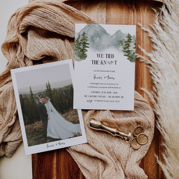 Forest Elopement Announcement Template | Wedding Reception | We Eloped Announcement | Pine Trees We Tied The Knot | Reception Invitation