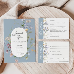 MILLIA Dusty Blue Boho Wildflower Wedding Invitation Set | Blue Floral Wedding Invitation Set Template | Editable Flower Wedding Invitation