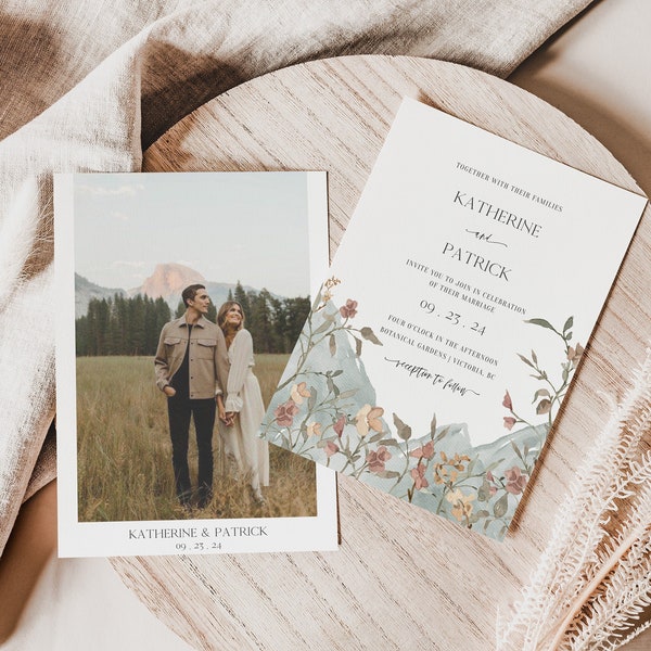 NATALIA Flower Mountain Wedding Invitation |  Floral Wedding Invite Template | Editable Wedding Invitation | Printable Wildflower Wedding