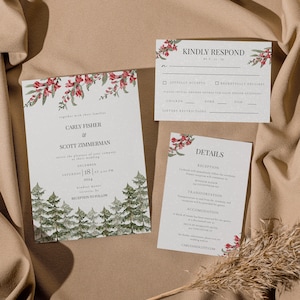 Modello per set di inviti di nozze invernali / Suite di inviti di nozze di Natale / Matrimonio con albero di pino invernale con fiocchi di neve / Dettagli e risposta