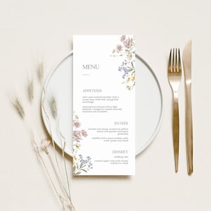 Modello di menu per matrimonio con fiori selvatici MILLIA / Menu per matrimonio con fiori boho / Menu per matrimonio semplice / Menu per matrimonio stampabile / Modello di menu
