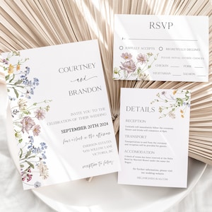 MILLIA Wildblumen Hochzeitseinladung Set-Vorlage | Boho Blumenhochzeits-Einladungen | Blumen-Hochzeit einladen | Bearbeitbare Hochzeitseinladung