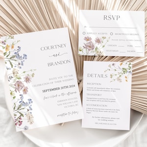 MILLIA Wildflower Wedding Invitation Set Template | Boho Floral Wedding Invitations | Flower Wedding Invite | Editable Wedding Invite