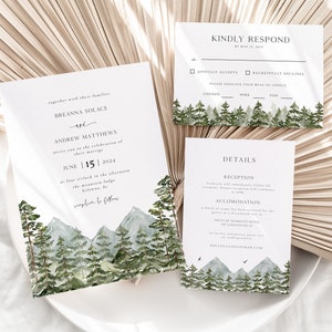DANA Rustic Mountain Wedding Invitation Set Including Details and RSVP | Forest Wedding Invitation Template | Pine Trees Wedding Invitation