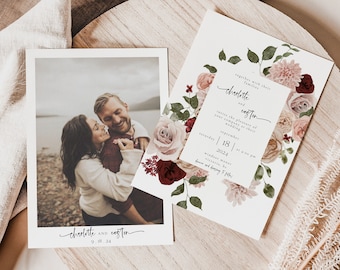 ALMA Burgundy Floral Wedding Invitation | Flower Wedding Invite Template | Editable Autumn Wedding Invitation | Printable Fall Wedding