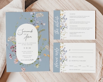 MILLIA Dusty Blue Boho Wildflower Wedding Invitation Set | Blue Floral Wedding Invitation Set Template | Editable Flower Wedding Invitation