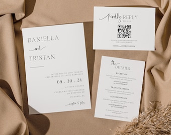 Minimalist Wedding Invitations Template Suite | Editable Simple Wedding Invitation Photo Set | Printable QR Code RSVP | Digital Download