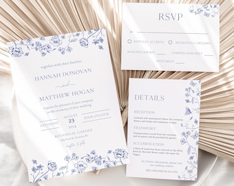 EMY Vintage Blue Floral Wedding Invitation Set Template | Botanical Wedding Invitation Suite | Printable Wedding Invitations | Editable