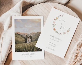 Couronne de fleurs sauvages Enregistrez le modèle de date | Floral modifiable Save Our Date Invitation | Boho Save The Date Mariage | Téléchargement imprimable et instantané