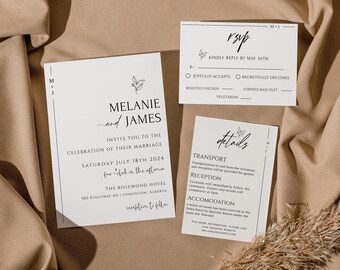 BLISS Minimalist Wedding Invitation Set Including Details and RSVP | Editable & Printable Wedding Template | Flower Wedding Invitations