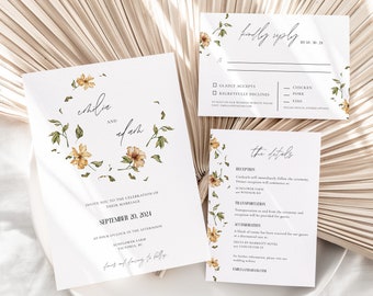 MAIA Sunflower Wedding Invitation Suite Template | Boho Floral Wedding Invitation Set | Printable Wreath Wedding Invite | Instant Download