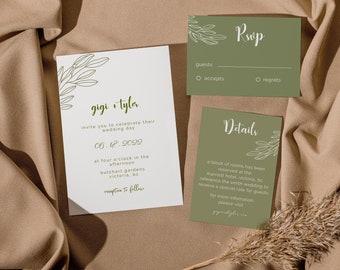 SAGE Green Wedding Invitation Set Including Details and RSVP | Front and back Invitations | Wedding Template | Photo Wedding | Editable