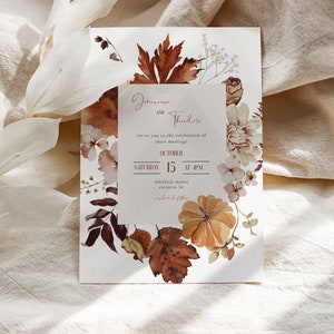 CLARA Fall Wedding Invitation Template | Rustic Autumn Leaves Wedding Invite | Editable Boho Wedding Invite | Download Printable Invitations