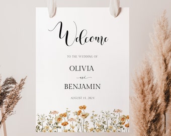 ZOE Wildflower Wedding Welcome Sign Template | Boho Floral Welcome Wedding Sign | Printable and Editable Wedding Sign | Instant Download