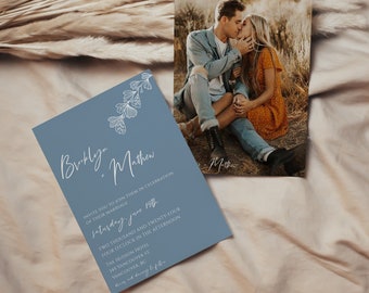 Dusty Blue Wedding Invitation Template | Front and back Invitations Template | Photo Wedding Template | | Editable | Printable | Brooklyn