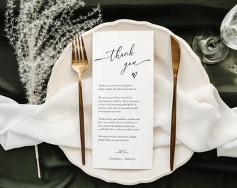 Minimalist Wedding Thank You Template | Thank You Napkin Note | Editable Place Setting Thank You | Printable | Instant Download