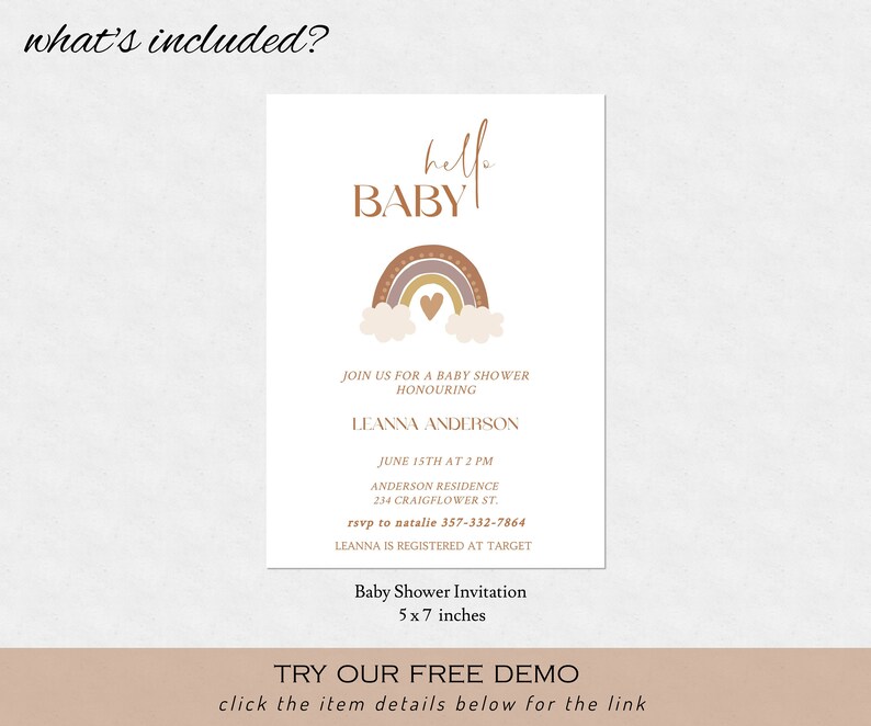 INDIE Boho Baby Shower Invitation Template Rainbow Baby Shower Invite Terracotta Shower Invitation Template Editable & Printable image 4