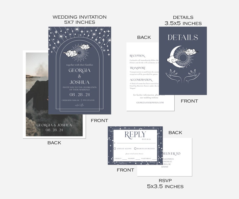 Starry Night Wedding Invitation Set Template Celestial Wedding Invitation Suite Editable Moon Theme Wedding Invitation