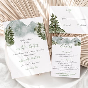 EVERGREEN Forest Wedding Invitation Set Including Details and RSVP | Front and back Invitations |  Mountain Wedding Invitation Template|