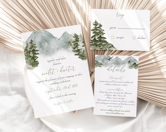 EVERGREEN Forest Wedding Invitation Set Including Details and RSVP | Front and back Invitations |  Mountain Wedding Invitation Template|