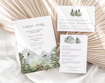 Forest Wedding Invitation Template | Editable Mountain Wedding Invitations | Nature Wedding Invites | Printable Rustic Wedding | Digital