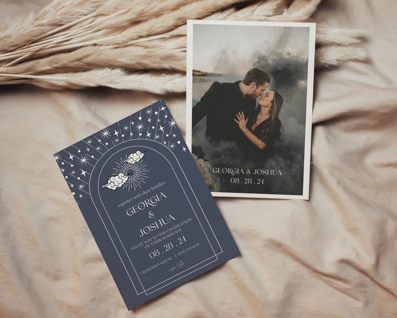 Celestial Wedding Invitation Template Starry Night Wedding Invite Template Navy Blue Editable Wedding Invitation Instant