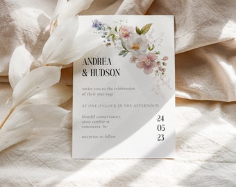 ARIELLA Floral Wedding Invitation Template | Boho Editable Flower Invitation | Watercolour Floral Wedding Invitation | Printable | Download