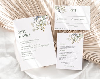 ISLA Blue Wildflower Wedding Invitation Suite Template | Boho Floral Invitation Set | Flower Wedding Invitation | Printable | Download