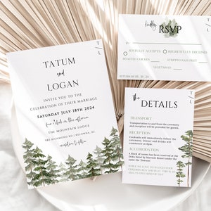 PINE Rustic Forest Trees Wedding Invitation Template Suite | Woodland Wedding Invite Set | Editable & Printable Wilderness Wedding