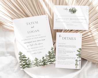 PINE Rustic Forest Trees Wedding Invitation Template Suite | Woodland Wedding Invite Set | Editable & Printable Wilderness Wedding